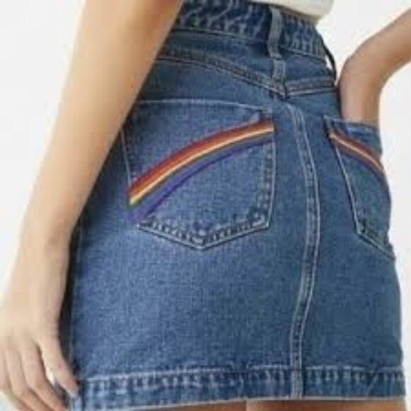 Forever 21 Denim Mini Jean Skirt Size M Rainbow Pride Pockets - Picture 1 of 12